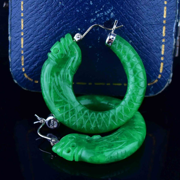 Vintage Silver Carved Fish Jade Hoop Earrings - Boylerpf