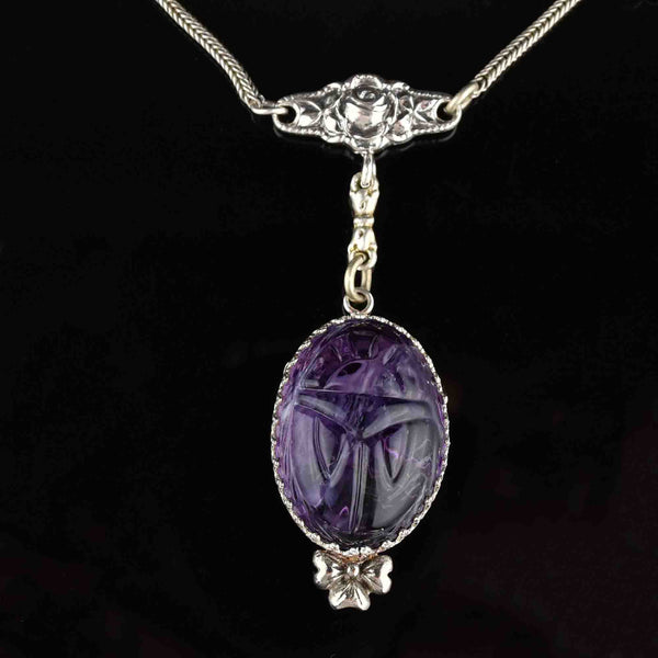 Silver Carved Scarab Amethyst Pendant Necklace - Boylerpf