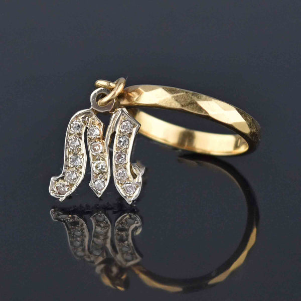 Vintage 14K Gold Initial M Diamond Dangle Charm Ring - Boylerpf