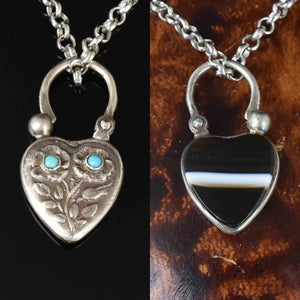 Vintage Agate Turquoise Carved Silver Heart Padlock Necklace - Boylerpf