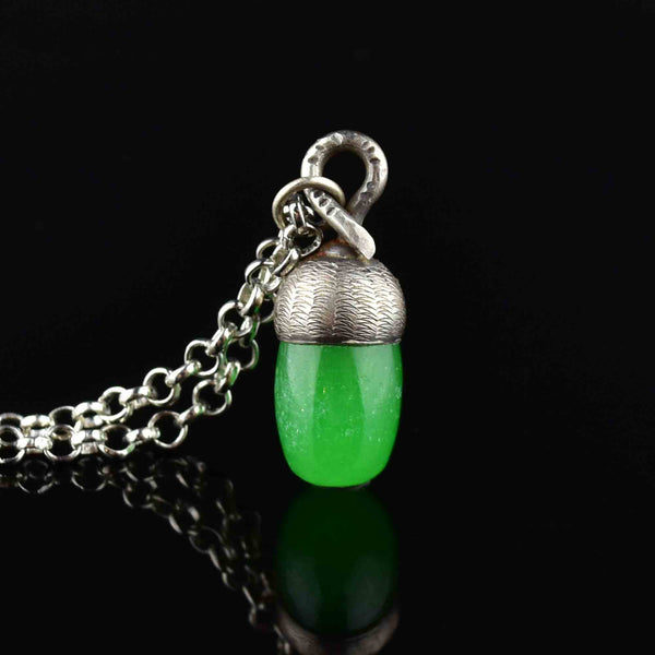 Vintage Carved Silver Jade Acorn Pendant Necklace - Boylerpf