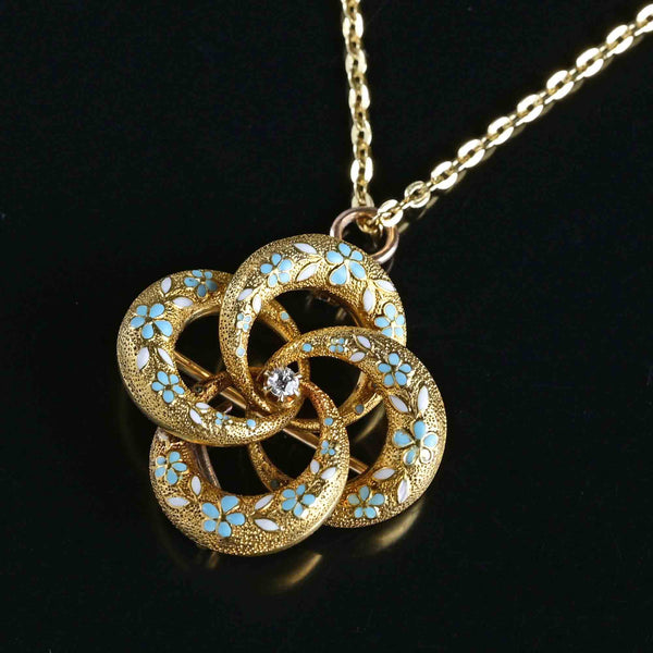 Krementz Diamond Enamel Lover Knot Brooch Pendant 14K Gold - Boylerpf