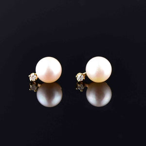 Vintage 14K Gold Diamond Pearl Stud Earrings - Boylerpf