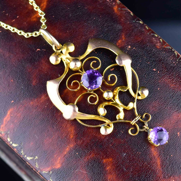 Edwardian Gold Amethyst Lavaliere Pendant Necklace - Boylerpf