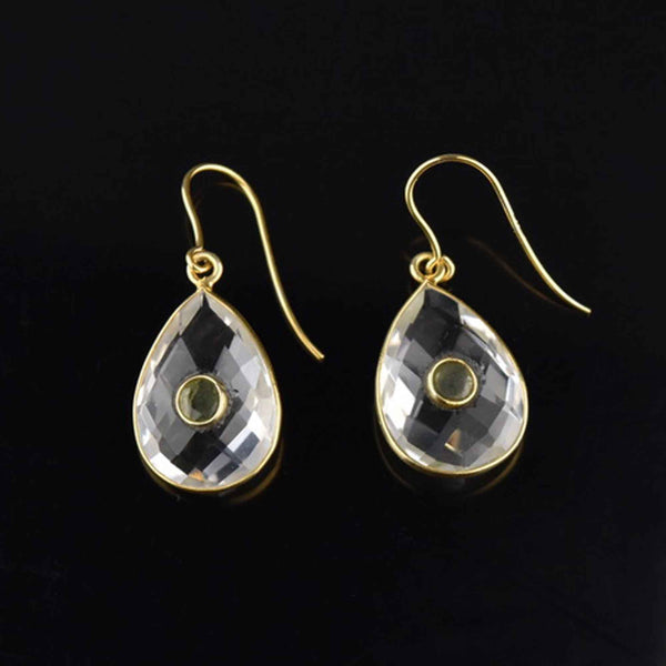 Vintage Gold Peridot Rock Crystal Dangle Earrings - Boylerpf