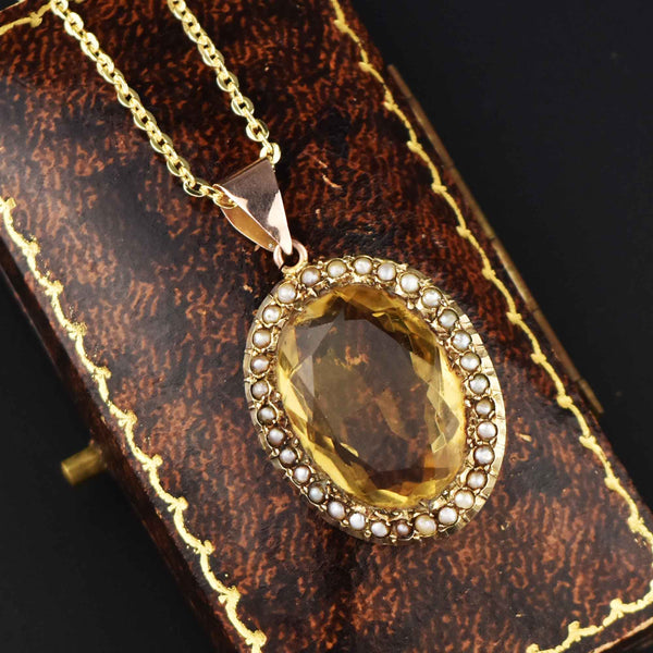Antique Victorian Pearl Halo Citrine Pendant Necklace - Boylerpf