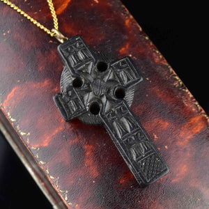 Victorian Irish Bog Oak Celtic Cross Stanhope Pendant Necklace - Boylerpf