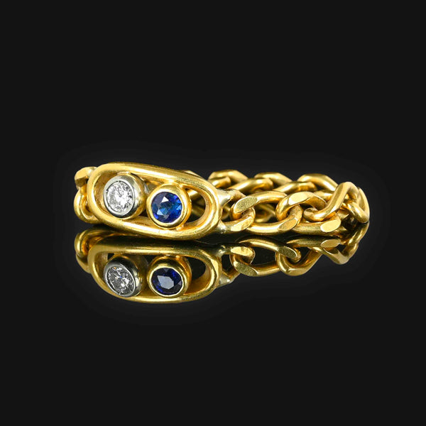 Modern 18K Gold Sapphire Diamond Curb Chain Ring - Boylerpf