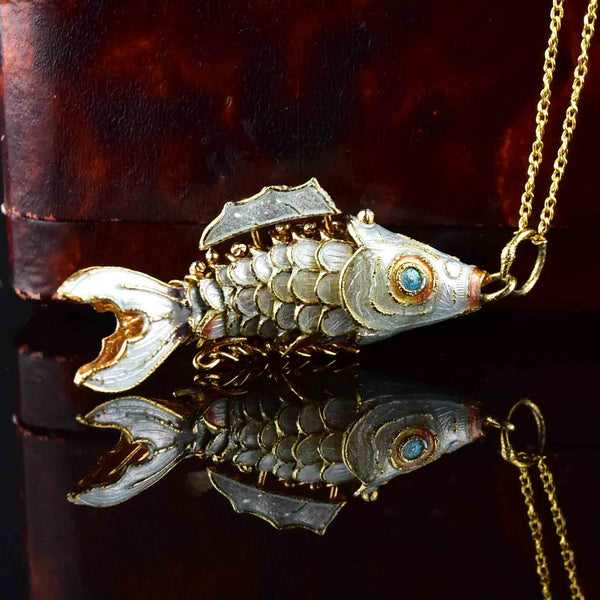 Vintage Gold Vermeil White Enamel Articulated Fish Pendant
