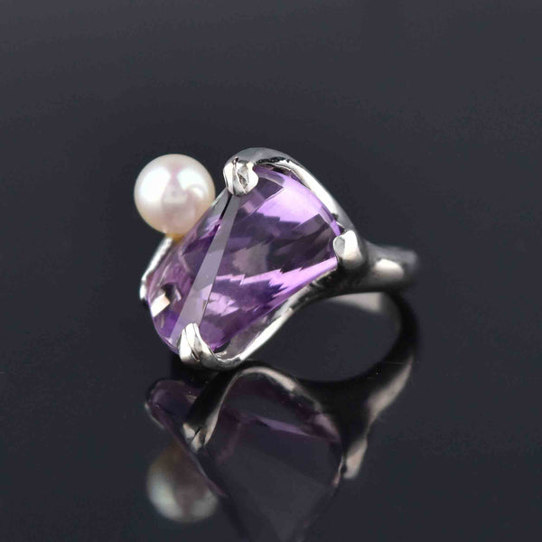 Vintage 14K White Gold Pearl Fantasy Cut Amethyst Ring - Boylerpf