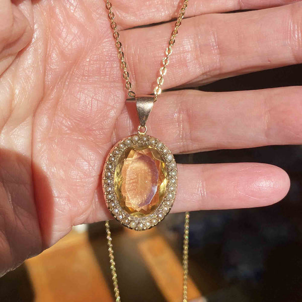 Antique Victorian Pearl Halo Citrine Pendant Necklace - Boylerpf
