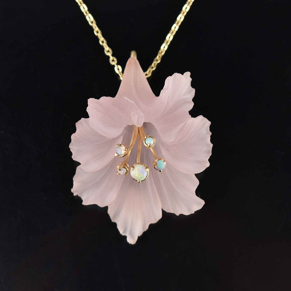 Pink Frosted Glass Flower Opal Cabochon 14K Gold Pendant - Boylerpf