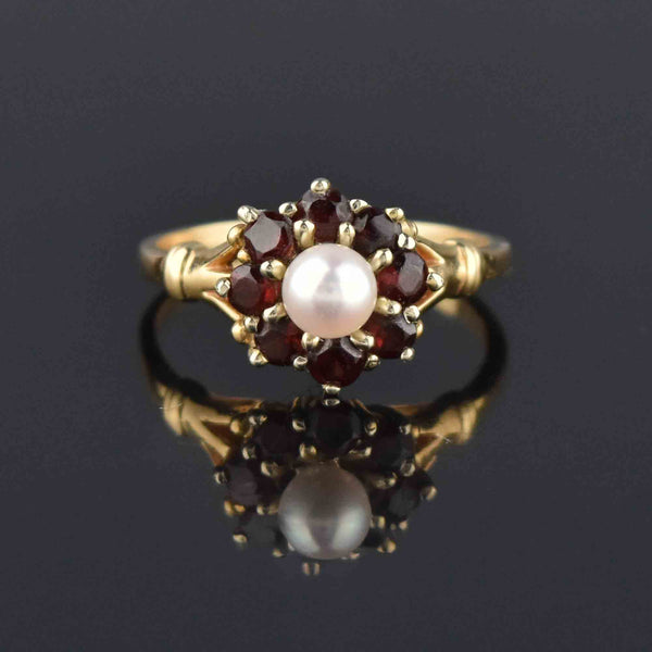 Vintage 14K Gold Pearl Garnet Halo Ring, Sz 7.5 - Boylerpf
