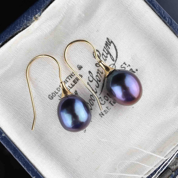 Vintage 14K Gold Black Pearl Earrings - Boylerpf