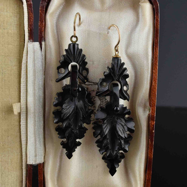 Antique Victorian Carved Whitby Jet Dangle Earrings - Boylerpf