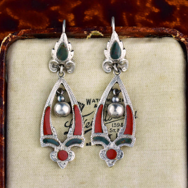 Victorian Scottish Agate Bloodstone Jasper Dangle Earrings - Boylerpf