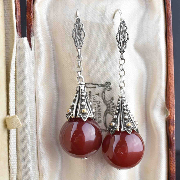 Art Deco Silver Carnelian Drop Earrings - Boylerpf