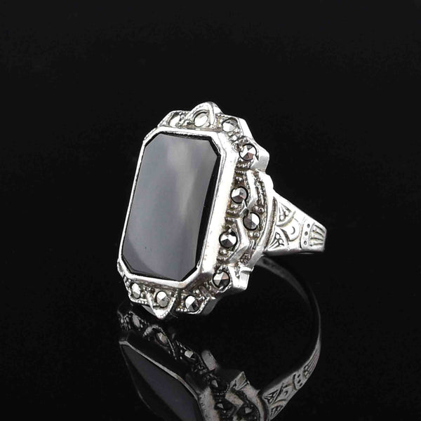 Art Deco Sterling Silver Onyx Marcasite Statement Ring - Boylerpf