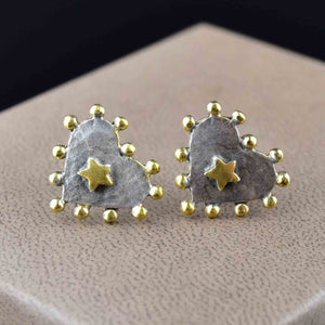 Vintage Gold Star Hammered Silver Heart Stud Earrings - Boylerpf