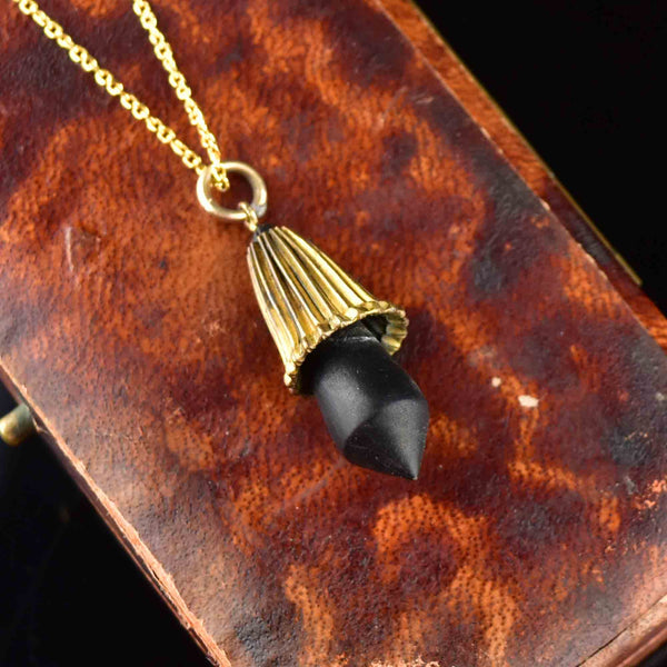 Vintage Carved Whitby Jet Pendant Necklace - Boylerpf