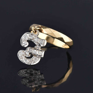 Vintage 14K Gold Initial F or J Diamond Dangle Charm Ring - Boylerpf