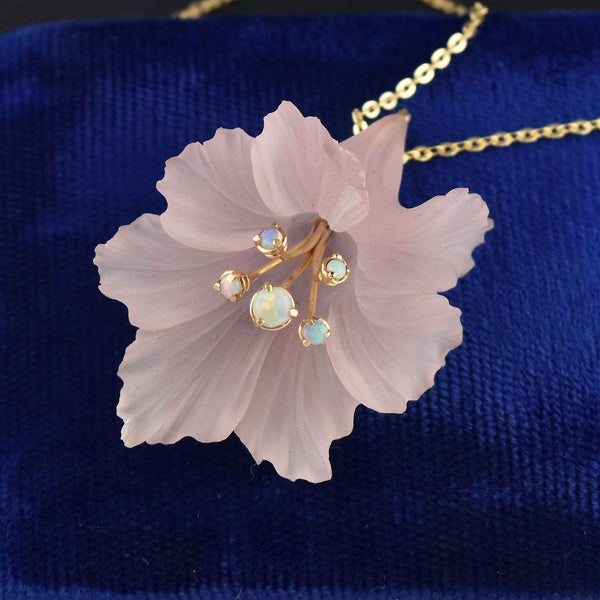 Pink Frosted Glass Flower Opal Cabochon 14K Gold Pendant - Boylerpf