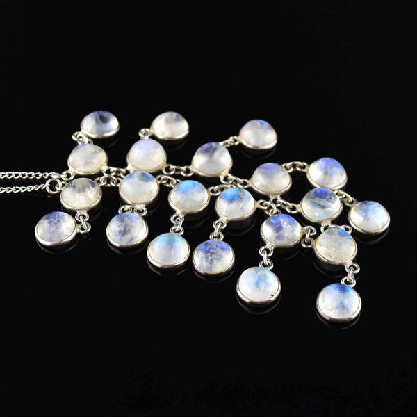 Vintage Art Deco Style Silver Moonstone Fringe Bib Necklace - Boylerpf
