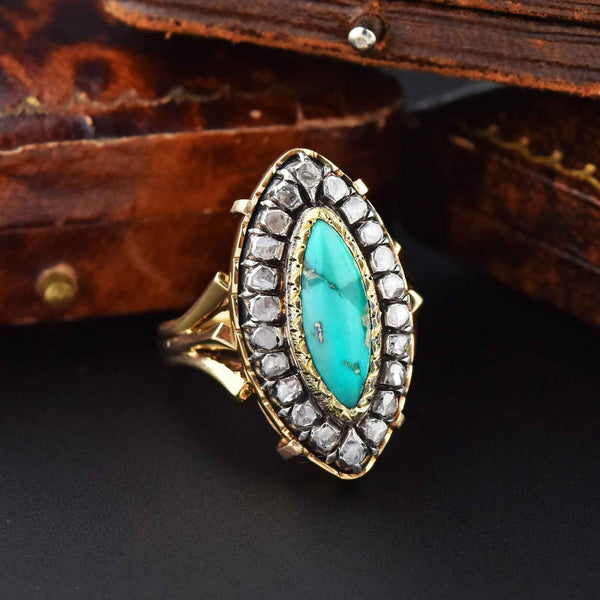 Vintage Double Diamond Halo Turquoise Ring in 18k Yellow Gold - Filigree  Jewelers