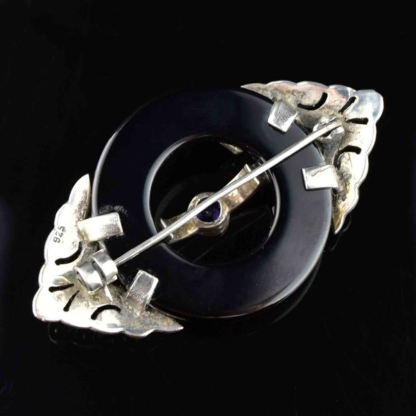 Art Deco Silver Onyx Amethyst Marcasite Brooch - Boylerpf