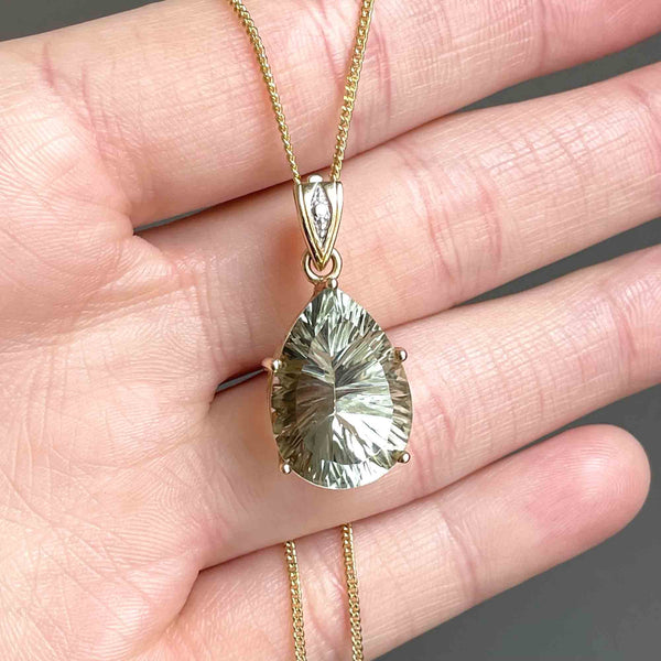 Vintage 10K Gold Pear Fancy Cut Prasiolite Pendant Necklace - Boylerpf