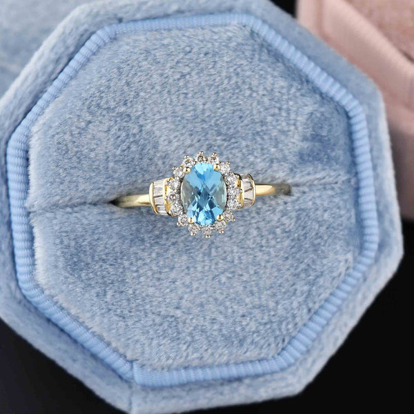 Vintage Gold Blue Topaz Baguette Diamond Halo Ring - Boylerpf