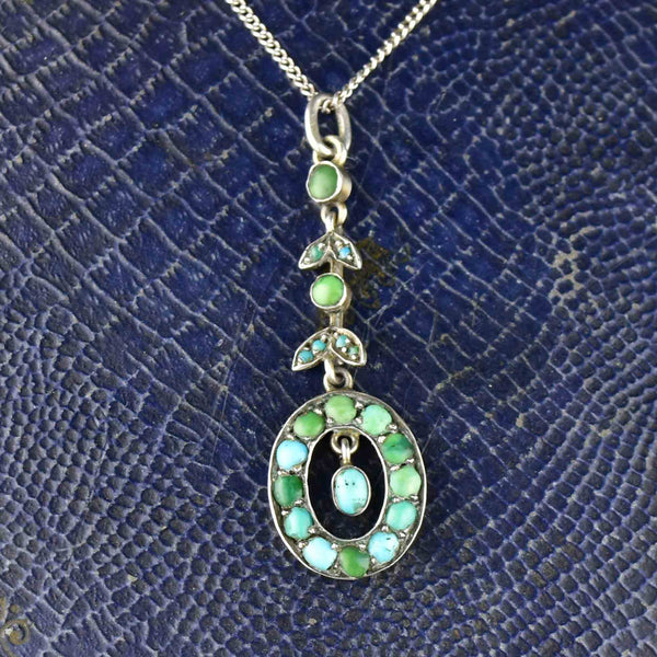 Vintage Edwardian Silver Turquoise Pendant Necklace - Boylerpf