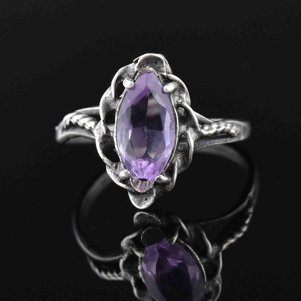 Arts and Crafts Style Silver Rope Amethyst Statement Ring - Boylerpf