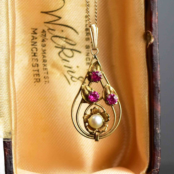 Antique 10K Gold Ruby Pearl Pendant Necklace - Boylerpf