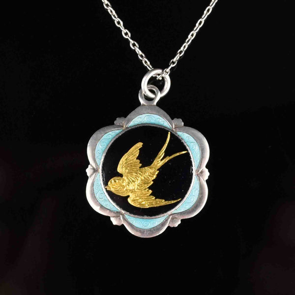 Vintage Art Deco Gold Swallow Enamel Pendant Necklace - Boylerpf