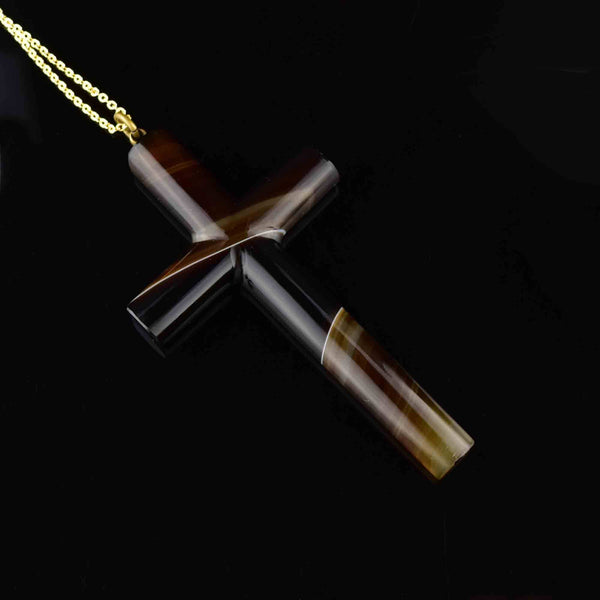 Antique Large Banded Agate Cross Pendant Necklace - Boylerpf