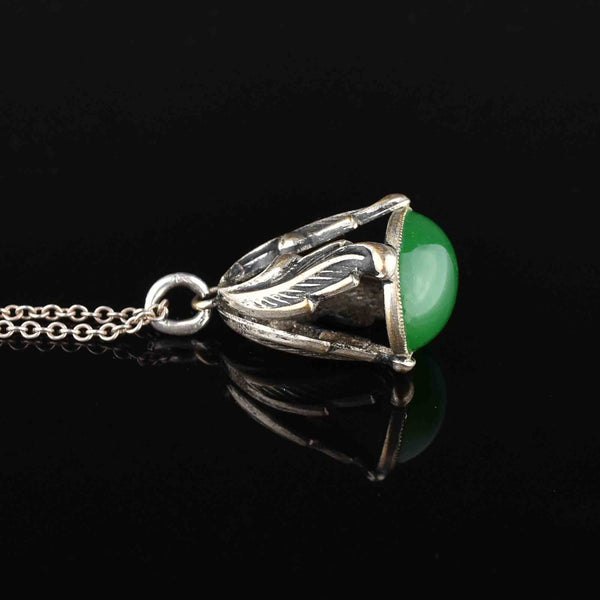 Antique Sterling Silver Green Chrysoprase Fob Pendant Necklace - Boylerpf
