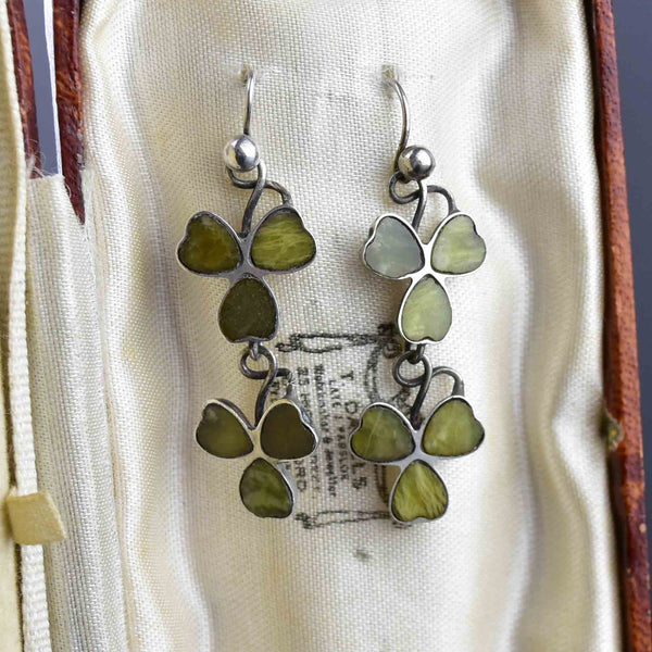 Antique Connemara Marble Silver Clover Earrings - Boylerpf