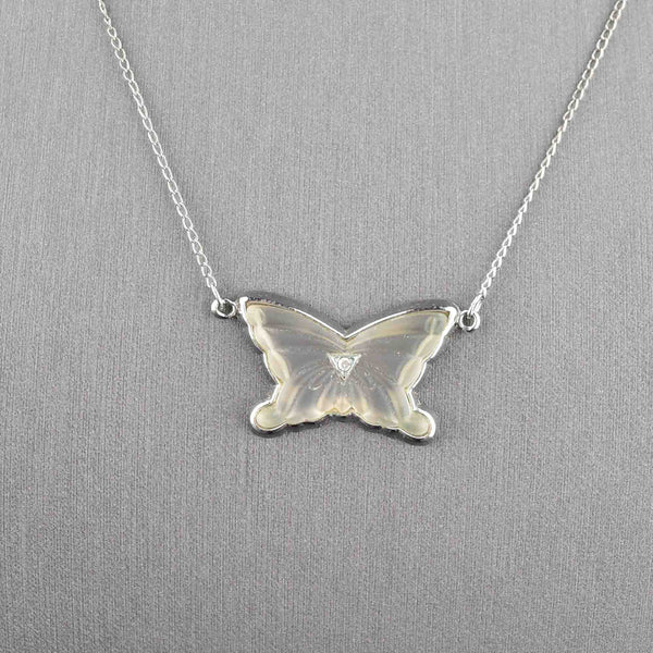 Silver Rock Crystal Diamond Butterfly Pendant Necklace - Boylerpf