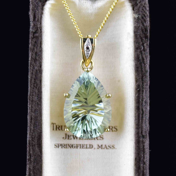 Vintage 10K Gold Pear Fancy Cut Prasiolite Pendant Necklace - Boylerpf