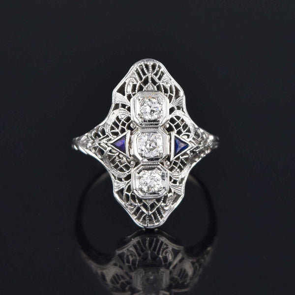 Art Deco 14K White Gold Sapphire Diamond Shield Ring - Boylerpf