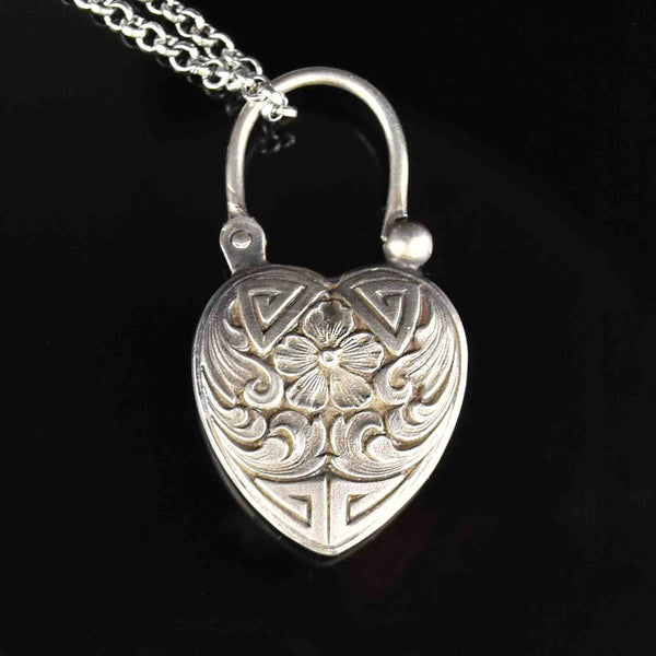 Engraved Silver Forget Me Not Amethyst Heart Padlock Pendant Necklace - Boylerpf