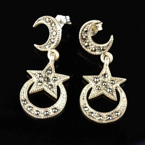 Silver Marcasite Moon Star Dangle Earrings - Boylerpf