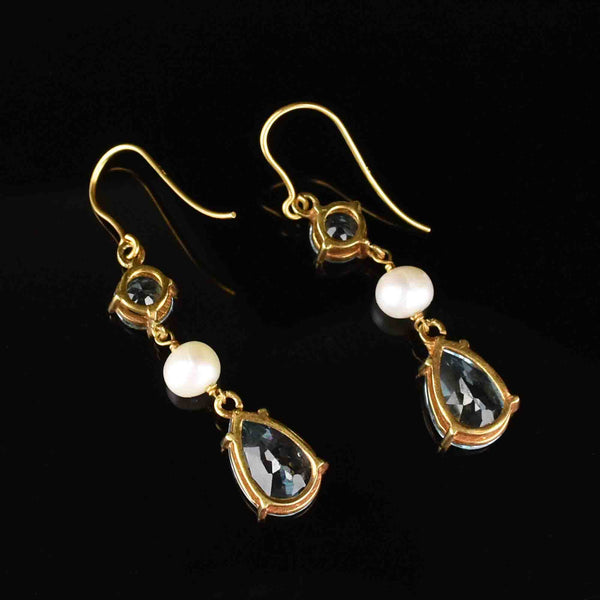 Vintage Gold Pearl Blue Topaz Dangle Earrings - Boylerpf