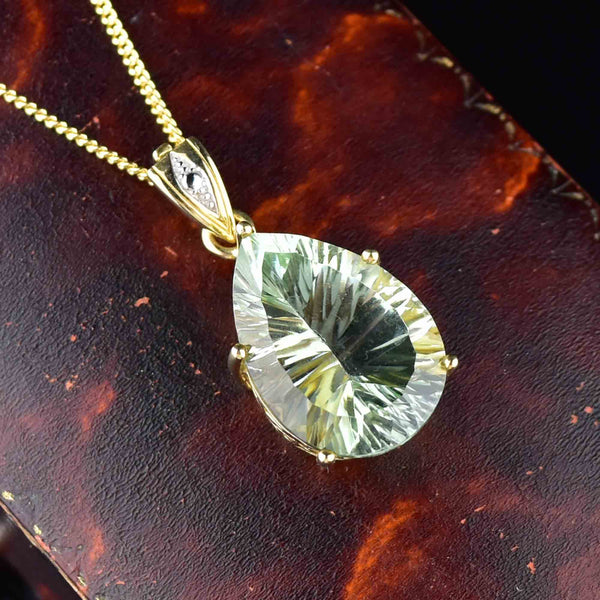 Vintage 10K Gold Pear Fancy Cut Prasiolite Pendant Necklace - Boylerpf