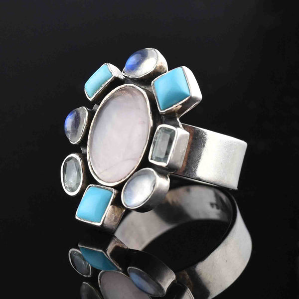 Silver Turquoise Moonstone Rose Quartz Statement Ring, Sz 9 - Boylerpf