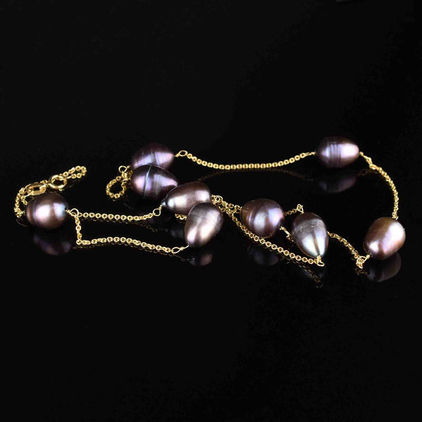 Vintage 14K Gold Black Pearl Tin Cup Necklace - Boylerpf