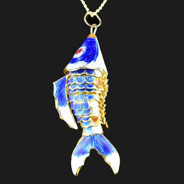 Vintage Articulated Blue Enamel Large Fish Pendant Necklace - Boylerpf