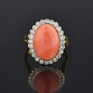 Estate Diamond Halo Coral Cabochon Cocktail Ring - Boylerpf