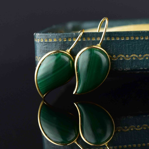 Vintage Malachite Leaf Earrings in Gold - Boylerpf